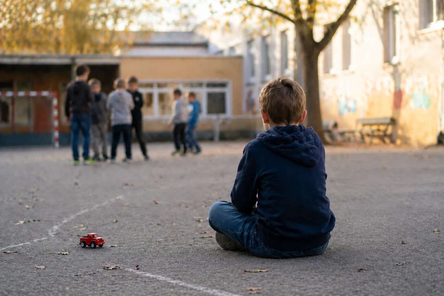 Junge ausgegrenzt und allein auf dem Pausenhof