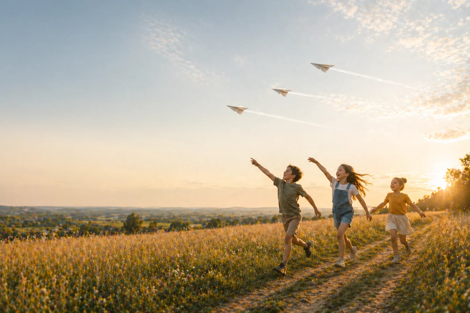 Kinder spielen draußen im Feld und sind glücklich