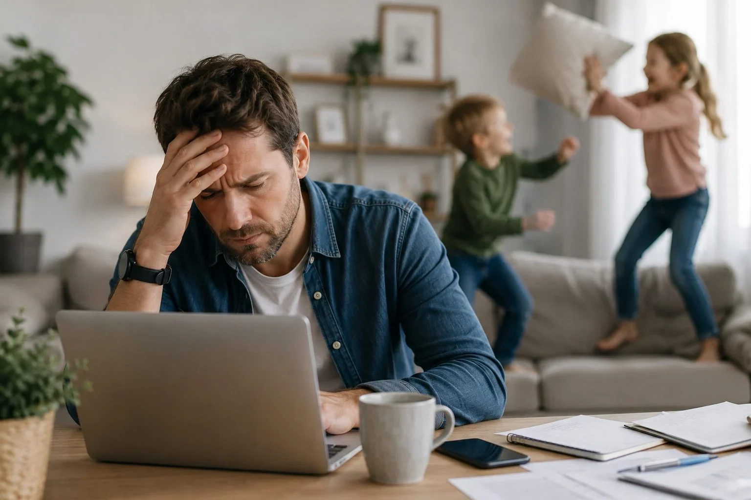 Mann im Homeoffice mit Kindern. Eltern fühlen sich gestresst und überfordert mit den Problemen ihrer Kindern